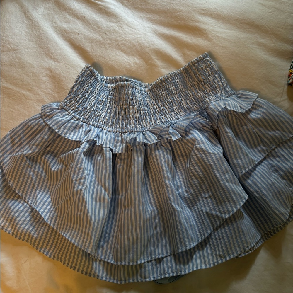 DO + BE light blue and white striped mini ruffle skirt size Small